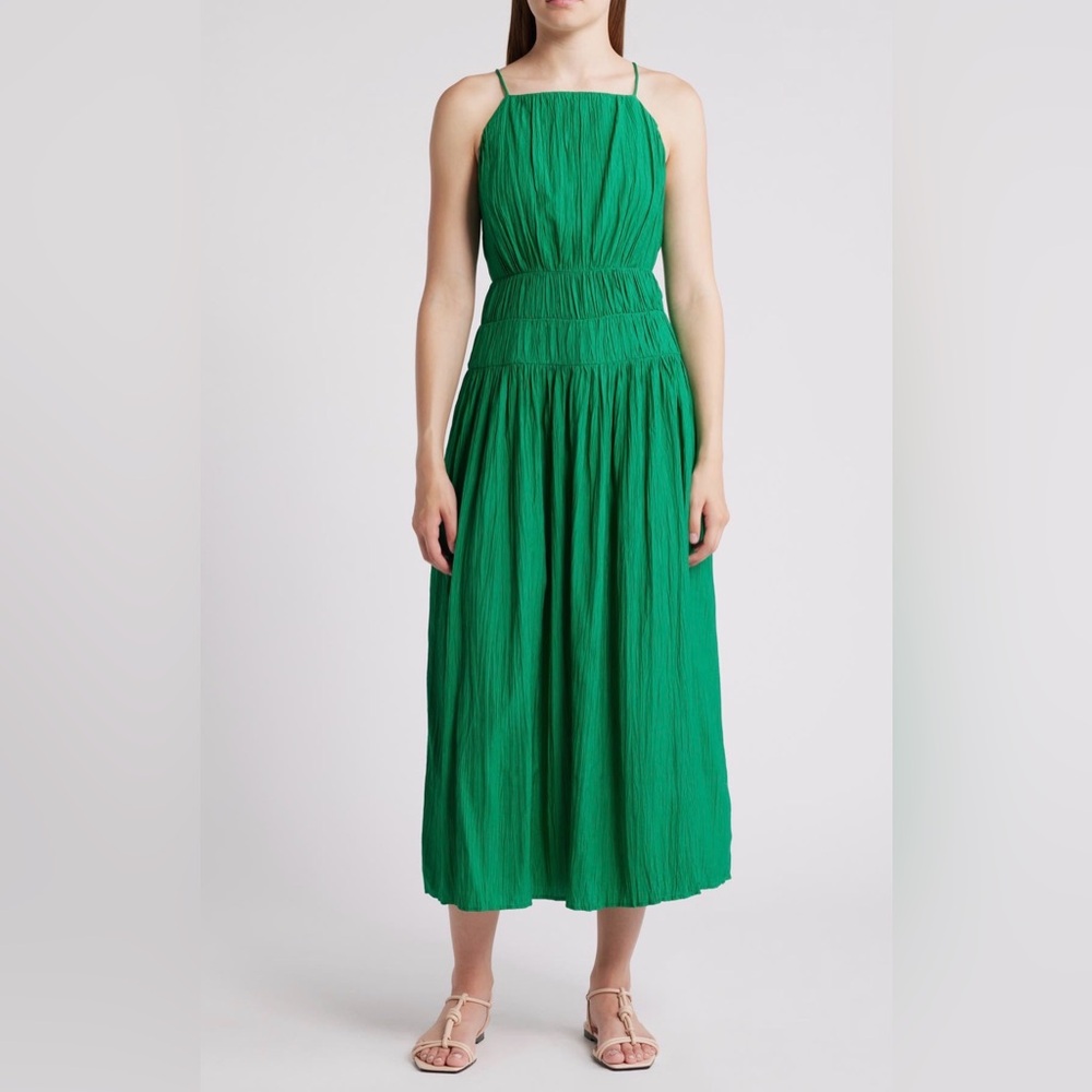 & Other Stories Crinkle Smocked Sleeveless Green Midi Dress NWT Size 8